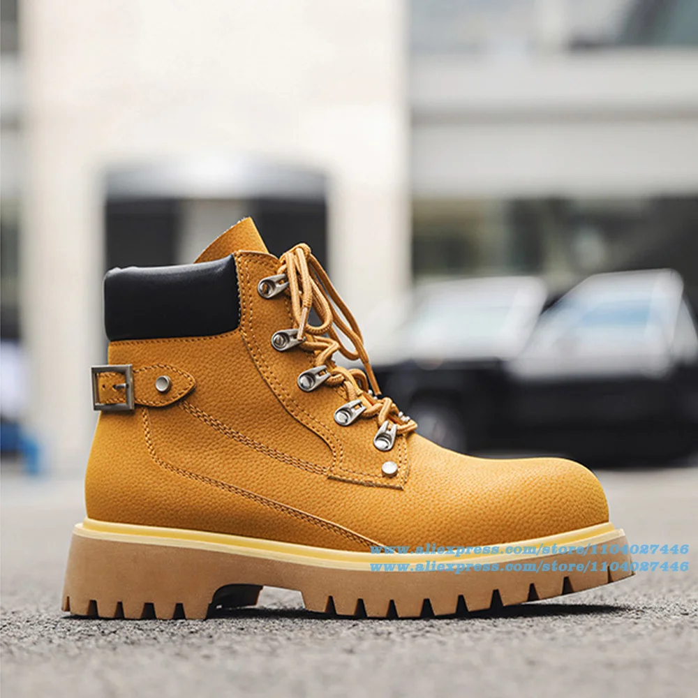 

Thick Soled Men's Boots Round Toe Boots British Style Designer Style Height Increasing Lace Up High-Top Booties Men Shoes