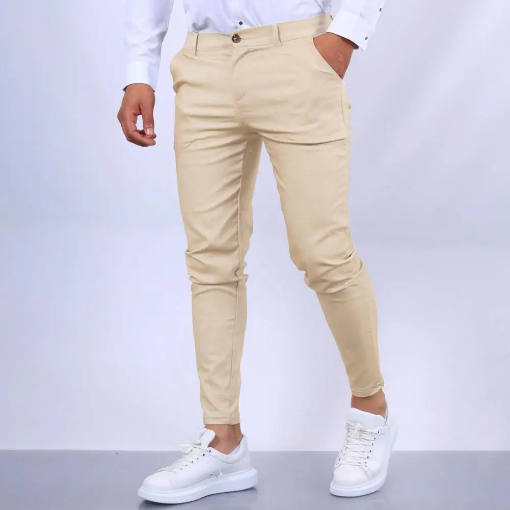 New Men's Business Casual Skinny Stretch Slim Fit Pencil Pants Trousers Fashion Zipper Mid Waist Solid Jogging Khaki Track Pants