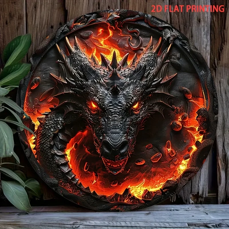 2D Flat, 1pc Fire Breathing Dragon 3D Wall Art - Round Wrought