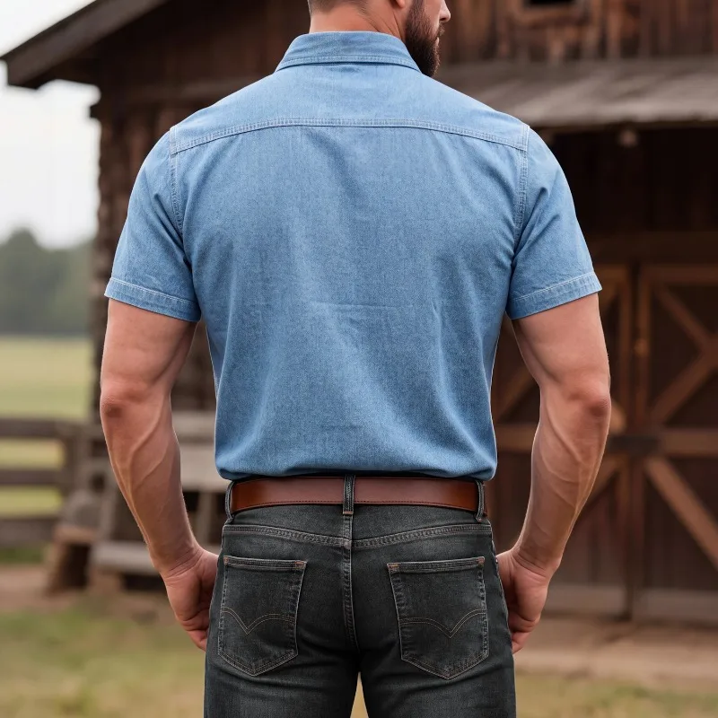 Men's Short-sleeved Fashion Denim Shirt, Western Cowboy Style - Casual Cotton Casual Work Shirt, Double Breast Pocket Design