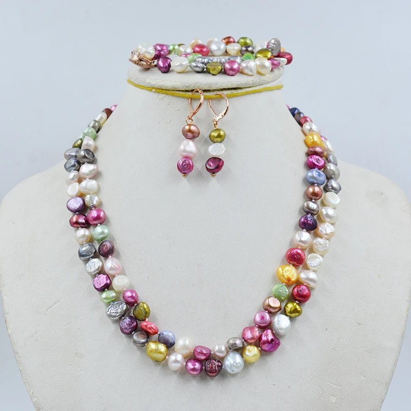 

8-9MM 2-row mixed color natural Baroque pearl necklace/bracelet/earring set. Charming Women's Summer Wedding Classic Jewelry