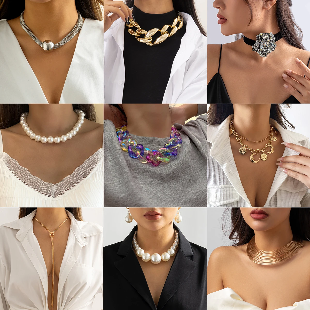 Exaggerated Big Choker Necklace Collar for Women Hiphop Chunky Chain Necklaces on the Neck Pearl Beads Jewelry