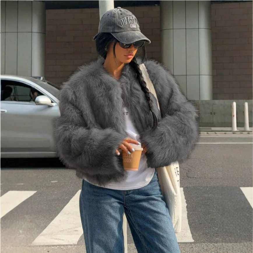 เสื้อแจ็คเก็ตขนเฟอร์เทียมสำหรับผู้หญิง KIDCRKJ รุ่น Winter พร้อมปกผ้าพันคอแบบสั้น เสื้อโค้ทขนเฟอร์เทียมไล่เฉดสีสำหรับผู้หญิง