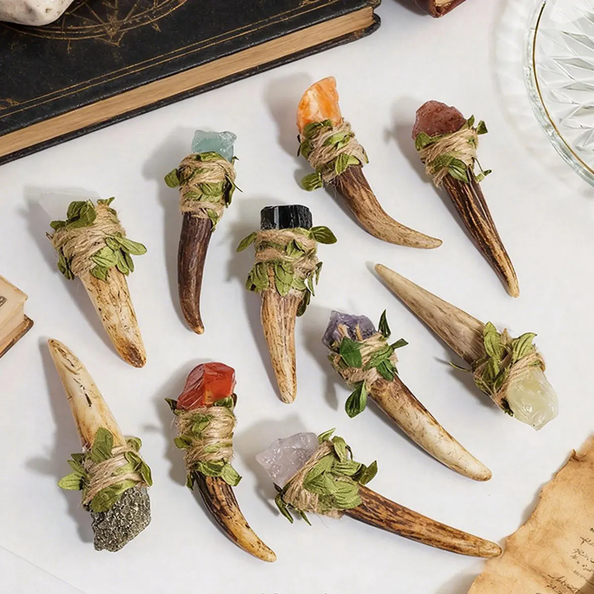 1pc Natural Raw Crystal Antler Wizard Wand,  Scepter Stick for Halloween Cosplay Altar Meditation Spiritual Collection Gift