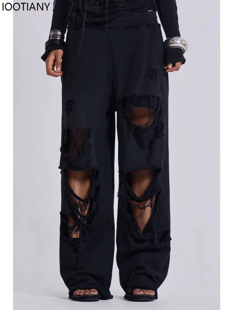 Black Women's Wide Leg Pants Retro Hip Hop Solid Color Sweatpants Ripped Loose Monster Jogger Pants Streetwear Casual