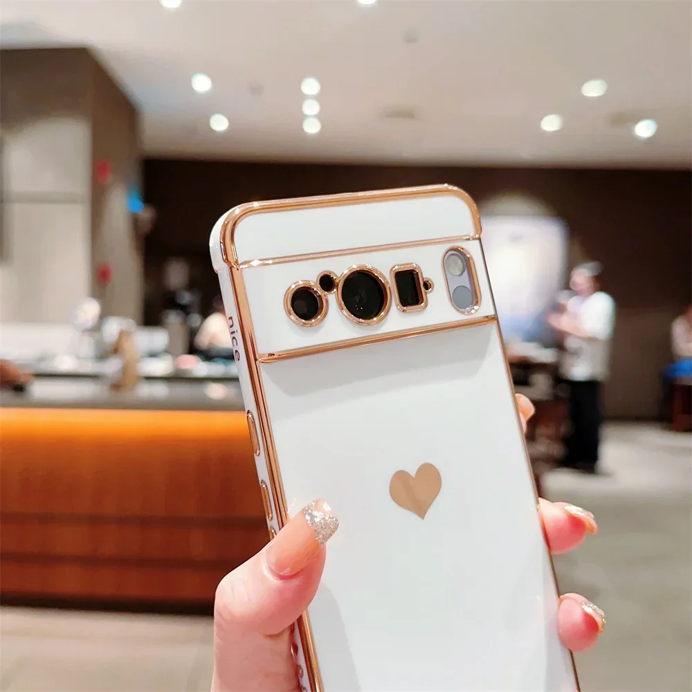 For Pixel 8 Pro 9 Fashion Love Heart Plating Case for Google Pixel 7A Pixel 8 9 Pro ProXL Shockproof Soft Lens Protection Cover