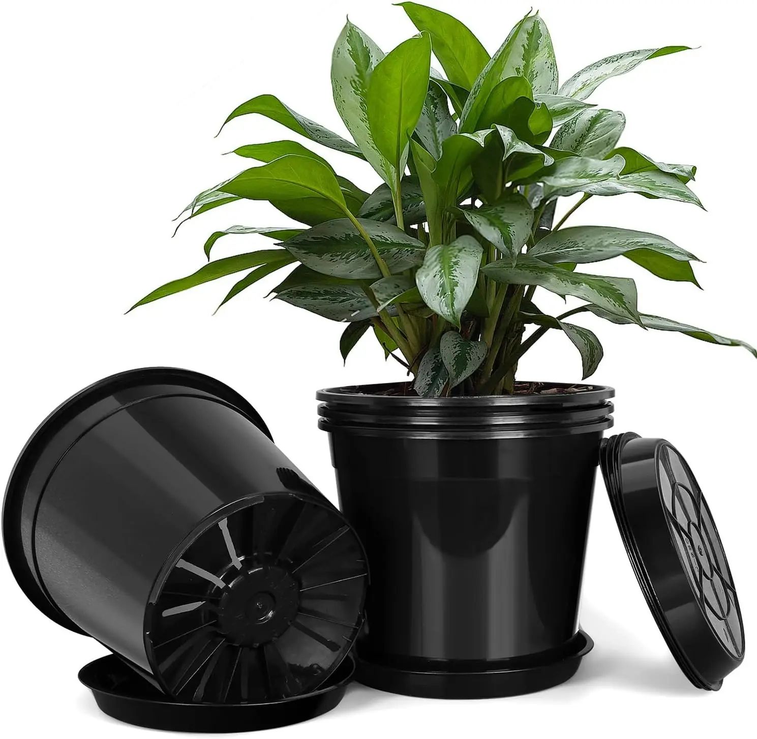 

7 Gallon Plastic Pots with Drip Trays, Sturdy Gallon Plant Pots with Drainage Holes, Large Gallon Pots for Flowers, Idea