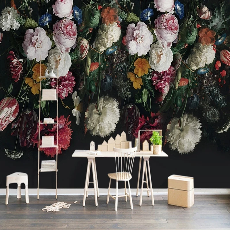 Customized Retro European Colorful Flower 3D Mural Wallpaper Gallery Art Creative Living room TV background bedroom restaurant