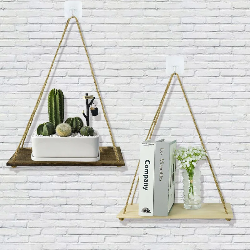 

Moredn Simple Wooden Rope Swing Wall Hanging Plant Flower Pot Tray Mounted Floating Wall Shelves Nordic Home Decoration Supplies