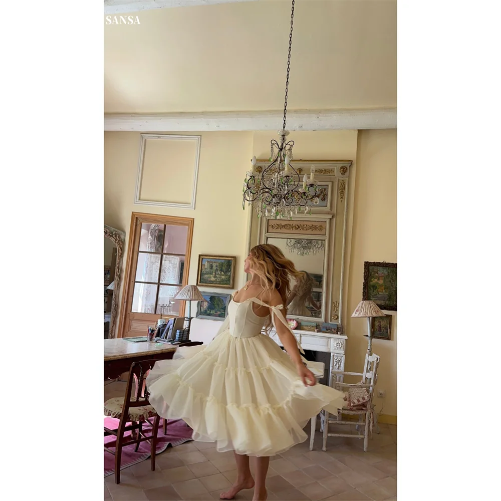 

Sansa Customized Bow Straps Chiffon A-line Prom Dresses Square Collar Lace-up فساتين سهرات Elegant Knee-Length Party Dresses