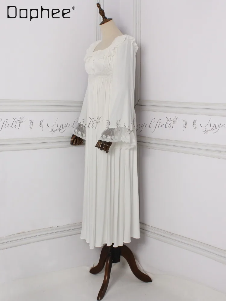 French Retro Gentle Style Square-neck Ruffled Wooden Earlobe Collar Trumpet Sleeve Lace-trimmed Loose-fitting Women's Home Wear
