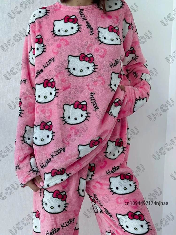 

Женский спортивный костюм с принтом «Hello Kitty», осенняя футболка с длинными рукавами + пижамный комплект со штанами, повседневный костюм для пар, модная одежда из 2 предметов