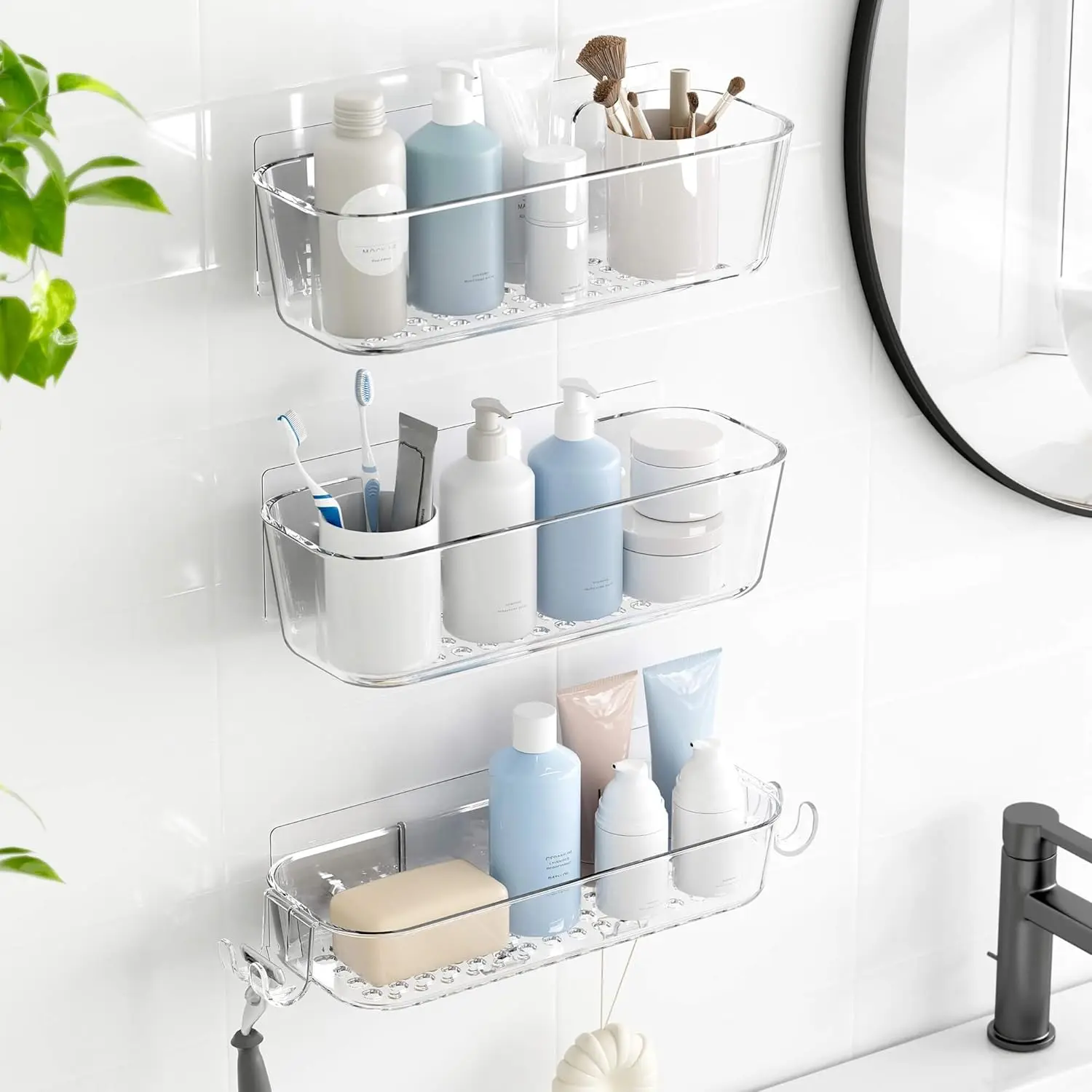 

Clear Adhesive Shower Caddy Organizer with Razor Holder and Hooks, Rustproof Bathroom Storage Shelf, 3-Pack