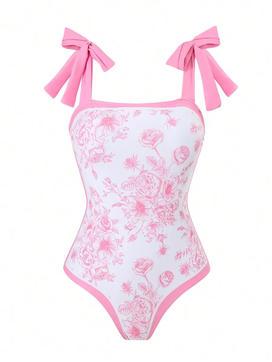 Pink Floral One-Piece Swimsuit With Adjustable Bow Straps And Tummy Control For Summer Beach Holiday