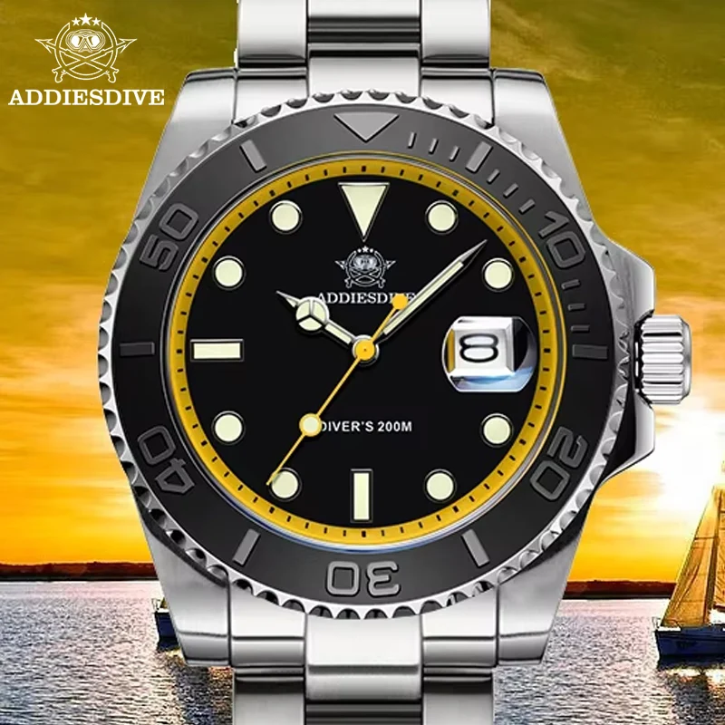 ADDIESDIVE Men Watch Luxury Diver Quartz Watch 200m Diving Stainless Steel Bezel Calendar BGW9 Luminous 41mm Wristwatch for Men