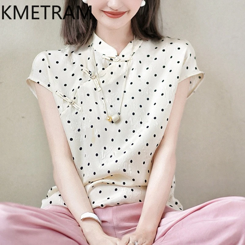 KMETRAM 92.3% Real Mulberry Silk Shirts Woman Elegant Polka Dot Blouse New Chinese Style Summer Tops 2026 Women Clothing одежда