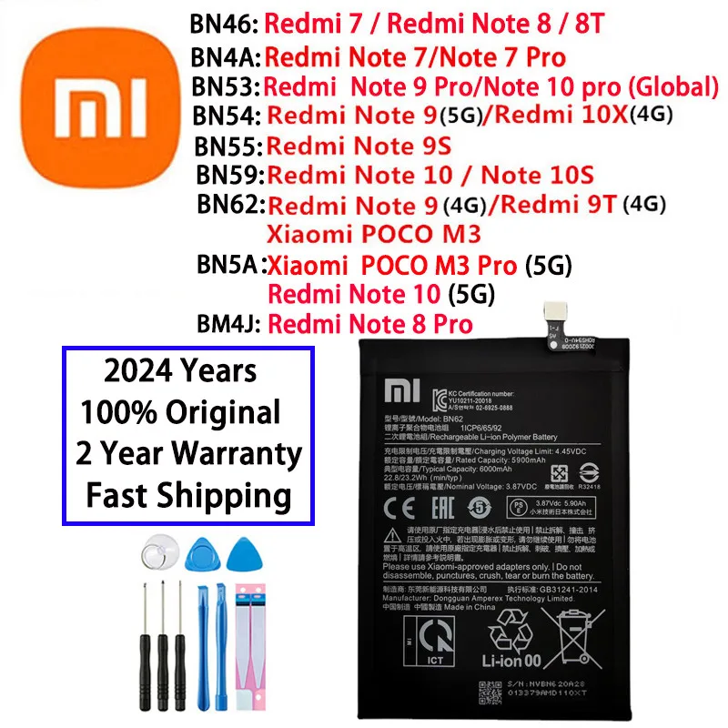 

Original BM4J BN46 BN5A BN53 BN54 BN55 BN59 BN62 Battery For Xiaomi Redmi Note 7 9T 10X POCO M3 8 8T 9 9S 10 10S pro Batteries