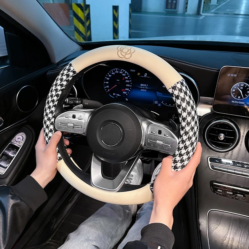 New Summer Anti-slip Four Seasons Universal Cotton Flax Lattice Camellia Fashion Car Steering Wheel Cover Car Handlebar Cover