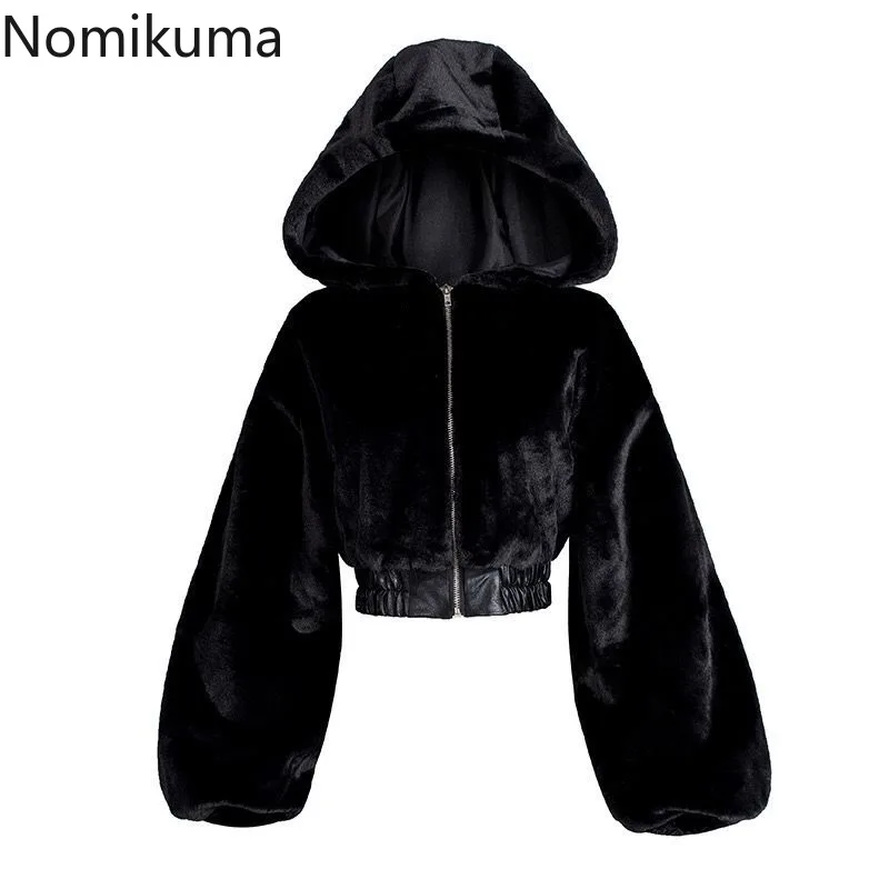 2024 Women\'s Clothing Streetwear Black Crop Jackets High Waist Furry Korean Outwear Y2k Tops Hooded Fashion Casual Soft Coats