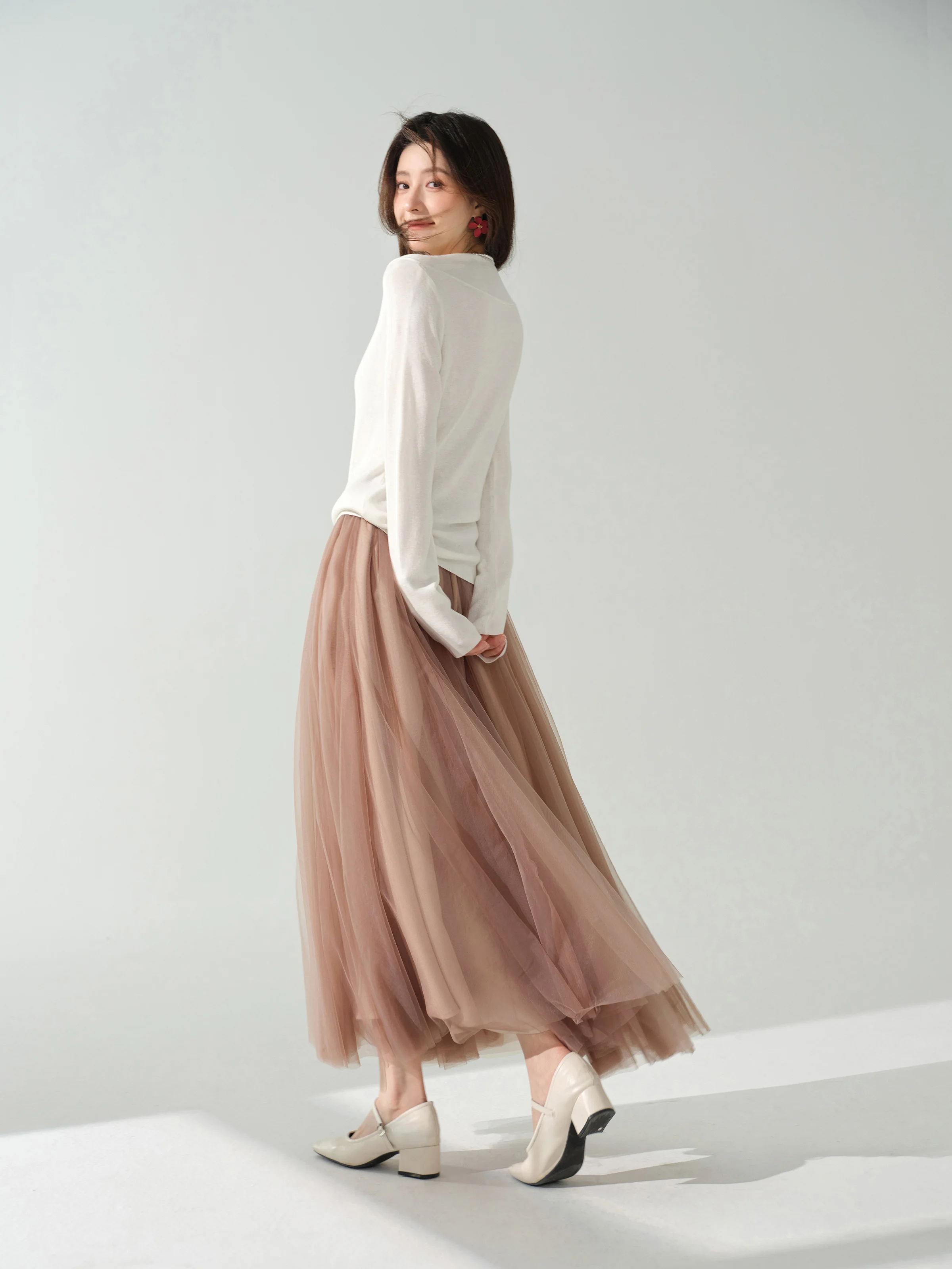 Elegant Mesh Tulle Skirt Women High Waist A-Line Midi Skirt Flowy Pleated Elastic Waist Skirt for Autumn Slimming Casual Outfit