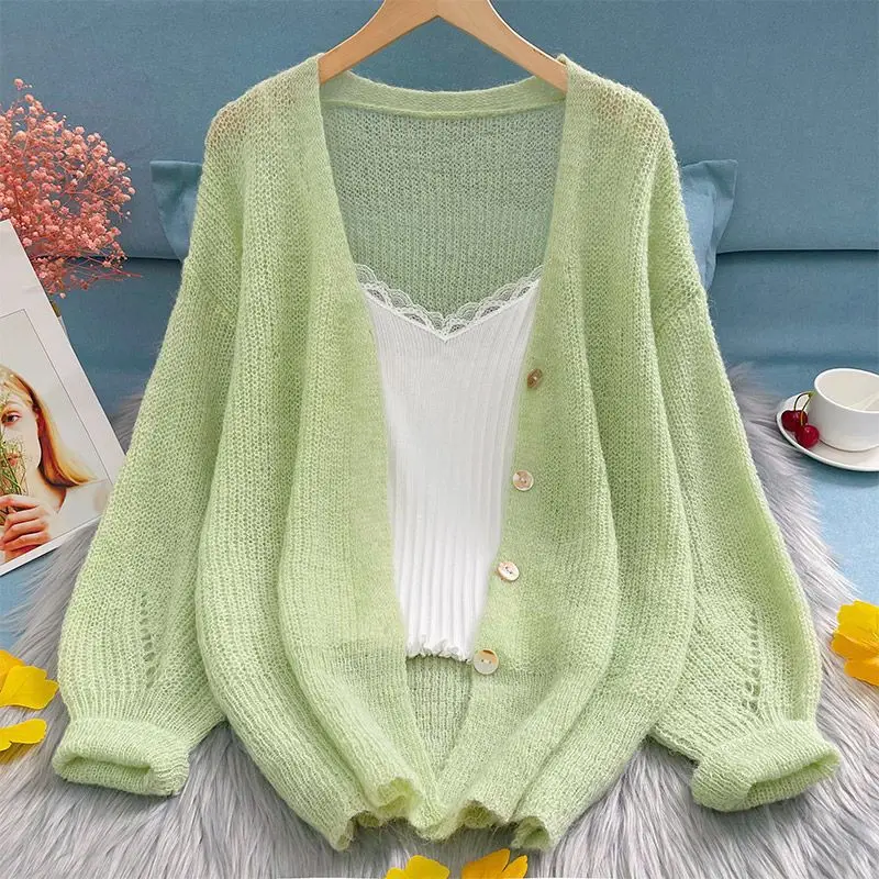 

Lazy Soft Knitted Cardigan Women Sweater Long Sleeve Coat Spring Autumn Shawl Knit Thin Air-conditioning Shirt Summer Outerwear