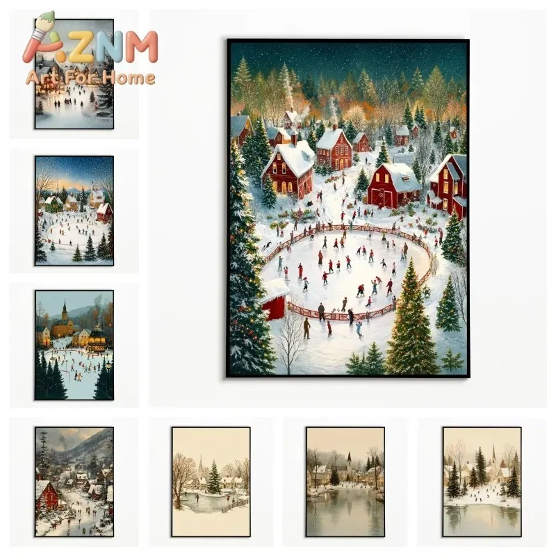 1PC Winter Ice‑Skating Town Art Poster Christmas Snow‑Scene Village Wall Art  Modern Canvas Printing Room Wall Decor Home Decor