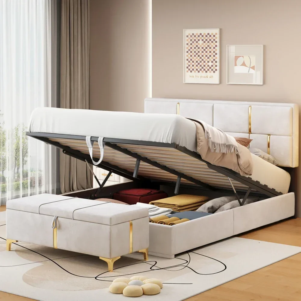 Upholstered Platform Beds, Bed with Storage System, Wood Platform Bed Frame for Kids and Adults, Bedroom Furniture