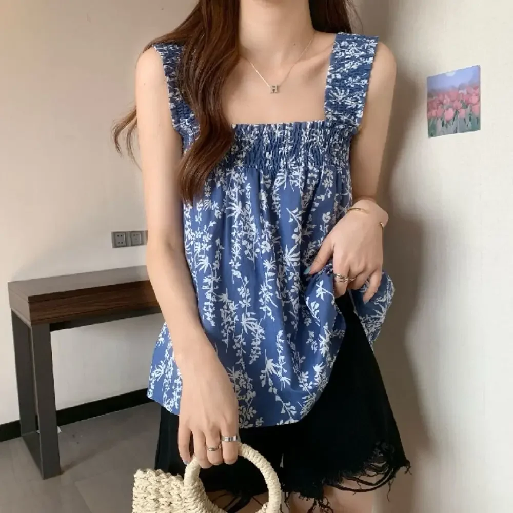 Elegant Square Collar Tank Top A Line Slimming Sleeveless Top Boho Floral Top