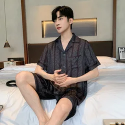 Pajamas Suit Men Summer Thin Ice Silk Short-sleeved Teenagers Outside New Style Loungewear Set Fashion Print Sleepwear Male Gift