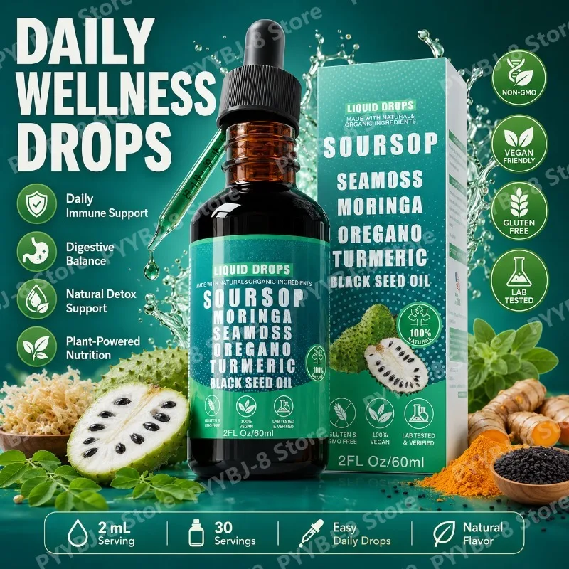 Soursop Bitters Liquid Drops 60ml 10 in 1 Plant Supplements — Black Seed Oil,Sea Moss & Moringa Extract Support Overall Health