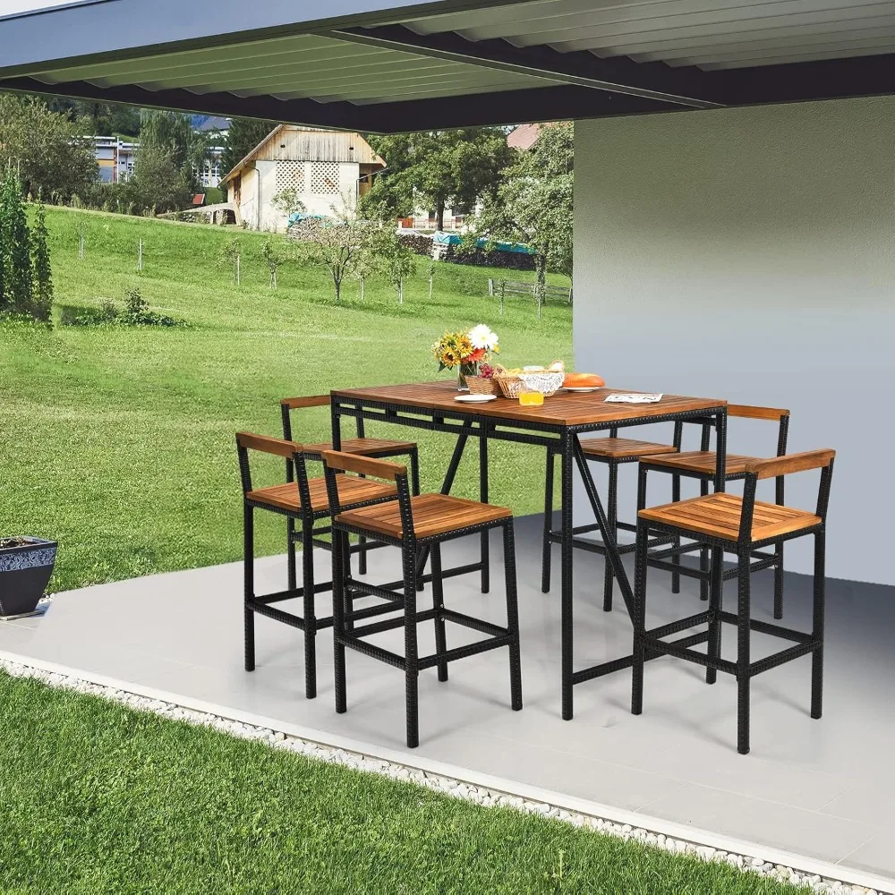 

Seven Piece Patio Set, Bar Table With Umbrella Hole, Acacia Wood High Dining, Six Stools Pe Wicker Outdoor