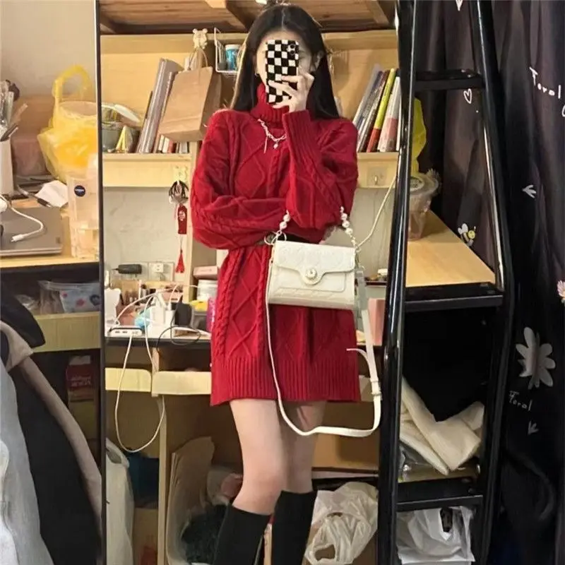 Loose Hig Neck Knitwear Women's Autumn Winter New Style Medium Length Plus Size Belly Cover Slimming Trendy Base Layer Top M86