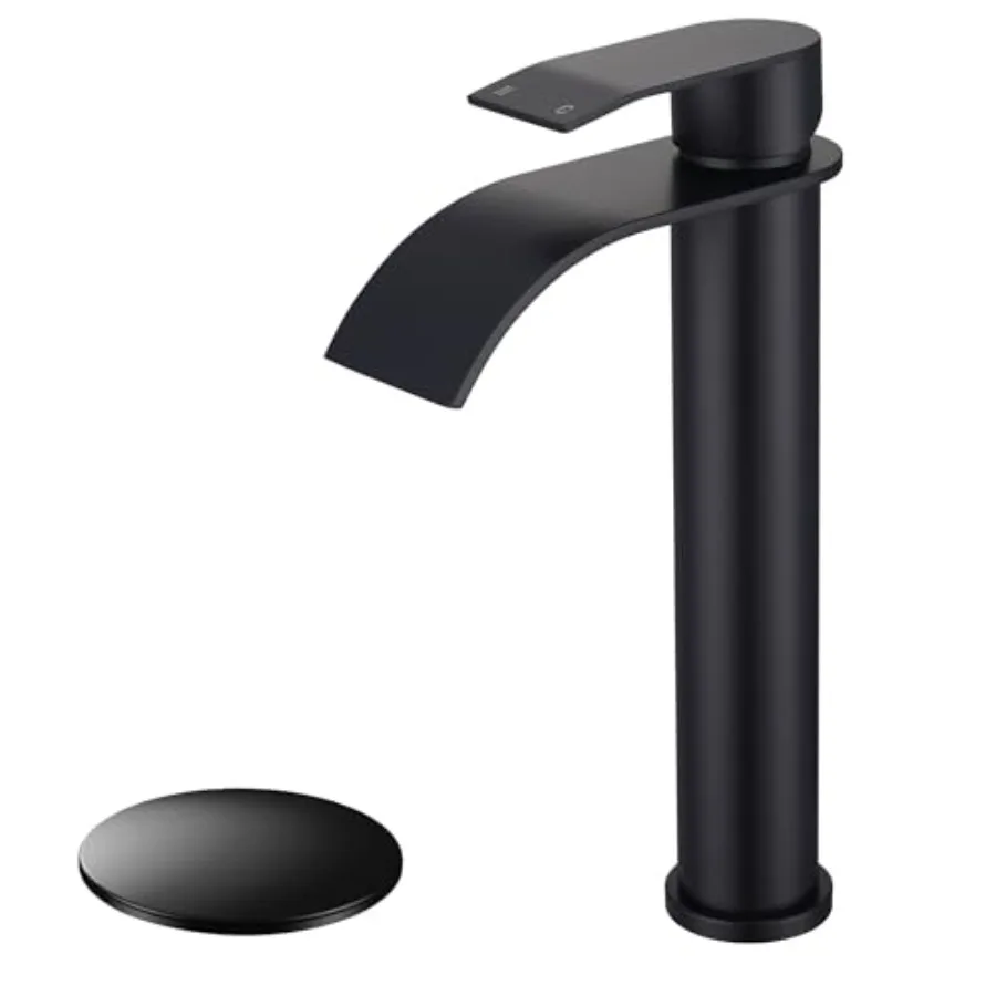 

Matte Black Vessel Sink Faucet for High Bathroom Bowl Sink Tall Waterfall Single Handle Faucet with Hot and Cold Water Hose and