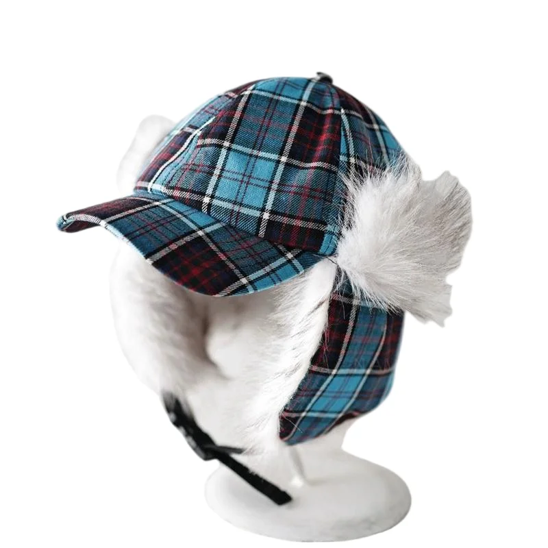 Gorro de Lei Feng a cuadros azul de estilo coreano para mujer, gorro de esquí y volador para otoño e invierno, gorra de béisbol versátil y cálida para ciclismo