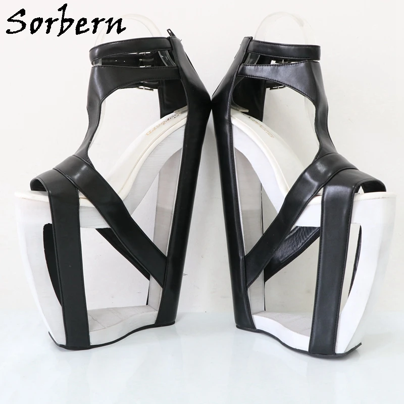 Sorbern 25cm Black Hollow Out Wedge Heel Sandals Ankle Strap T-strap Summer Shoes Fretwok Heels Sissy Boy Evening Party Footwear