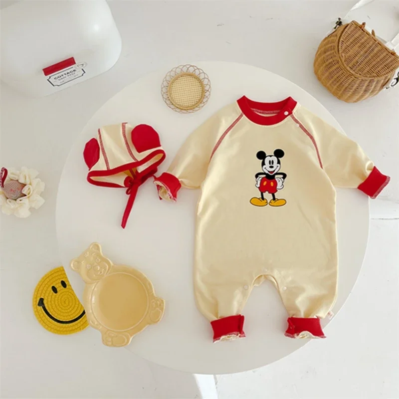 Long Sleeve Baby Boy Romper Cartoon Disney Mickey Mouse Rompers Spring Kids Clothes + Hat Girls Jumpsuit Cotton Toddler Outfits