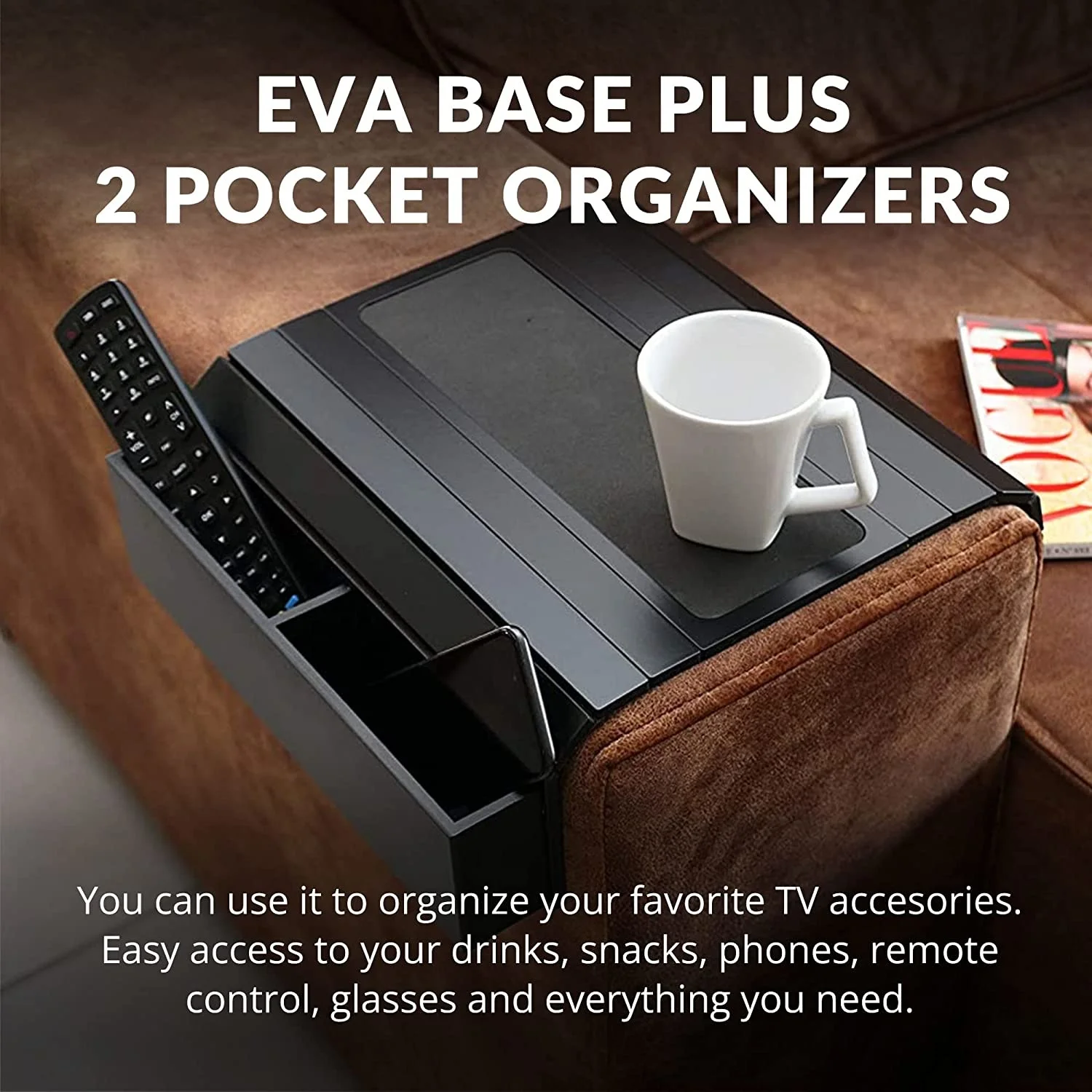 ARKITEKT EX Sofa Tray Table Remote Control And Cellphone Organizer Arm Rest Holder With Pockets Fits Over Square Chair Arms