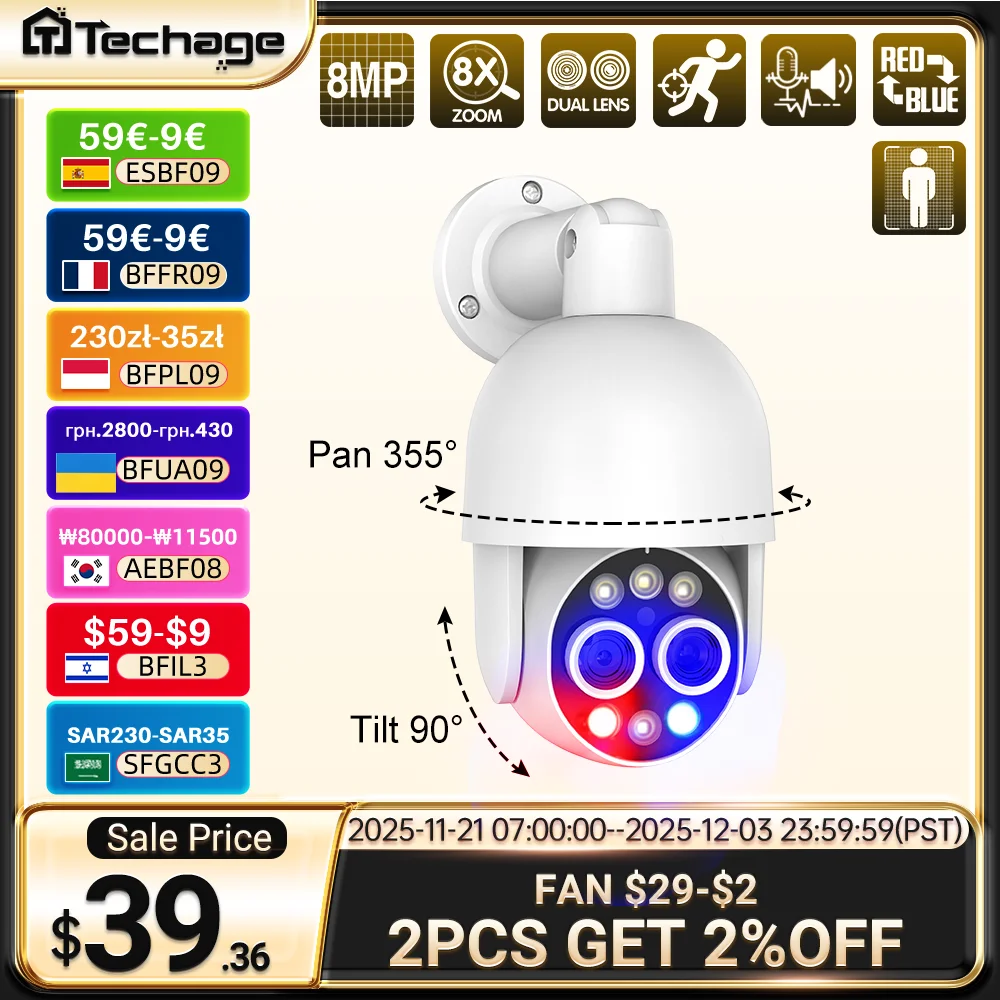 Techage 8MP POE IP Camera Dual Lens HD CCTV Video Smart AI Outdoor Audio Auto Tracking PTZ  Camera Surveillance Security System