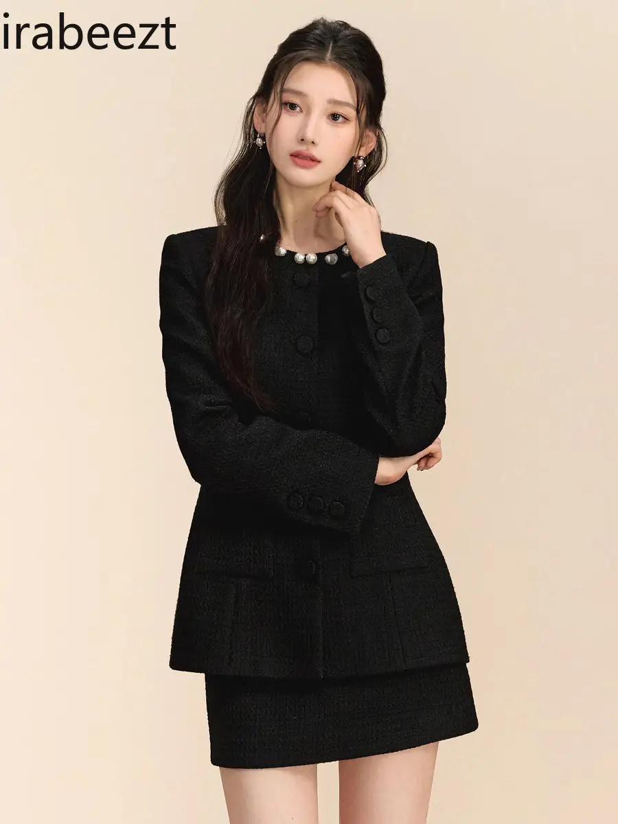 Black Coat Women 2024 New Autumn Winter Pearl Simple Waist Slimming Two-piece Set Temperament Mainland China Blazer Suit