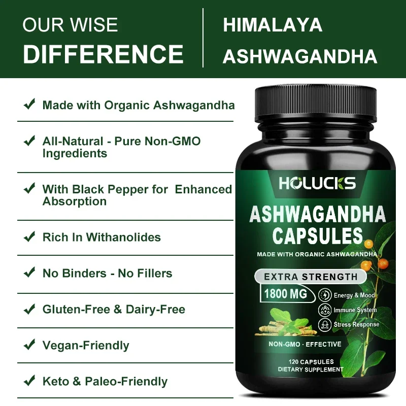 Holucks Ashwagandha - (with Rhodiola & Magnesium) Relieves Anxiety, Improves Energy & Focus, & Maintains Healthy Cortisol Levels