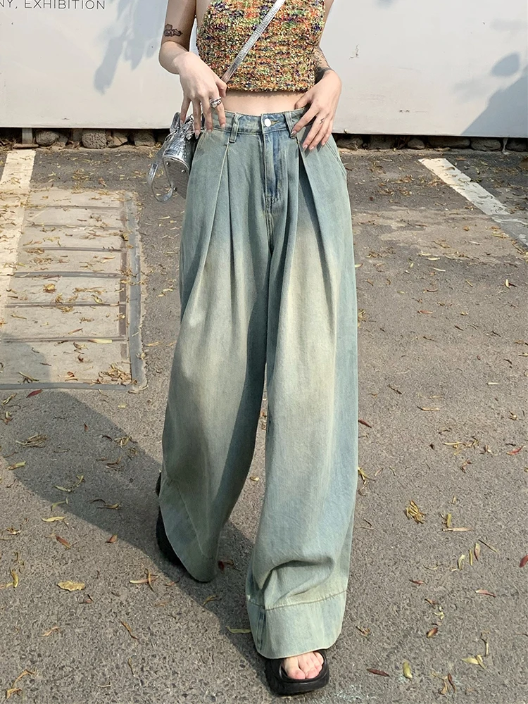 High Street Girl Toweling Oversized Jeans High Waist Loose Casual Vintage Denim Pants Streetwear Fashion Pocket Trousers Female