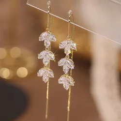 Gold Colour Maple Leaf Zircon Tassel Long Earrings For Women 2022 New Personality Fashion Earrings Wedding Jewelry Birthday Gift