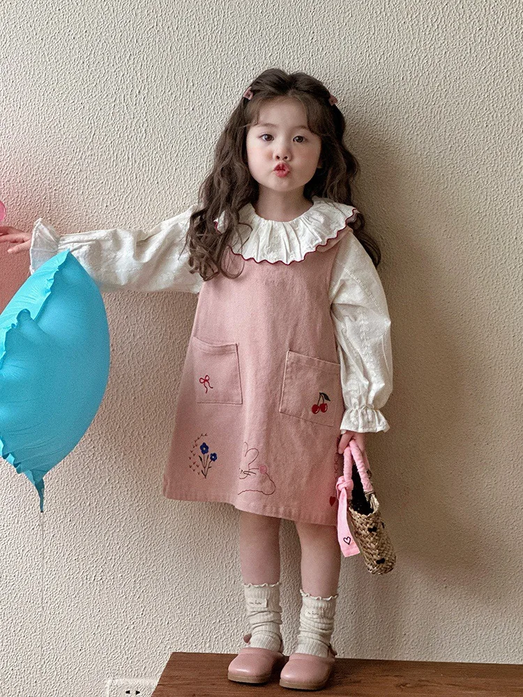 

Girls Spring and Autumn New Korean Style Cartoon Doll Shirt Dress Two-piece Set