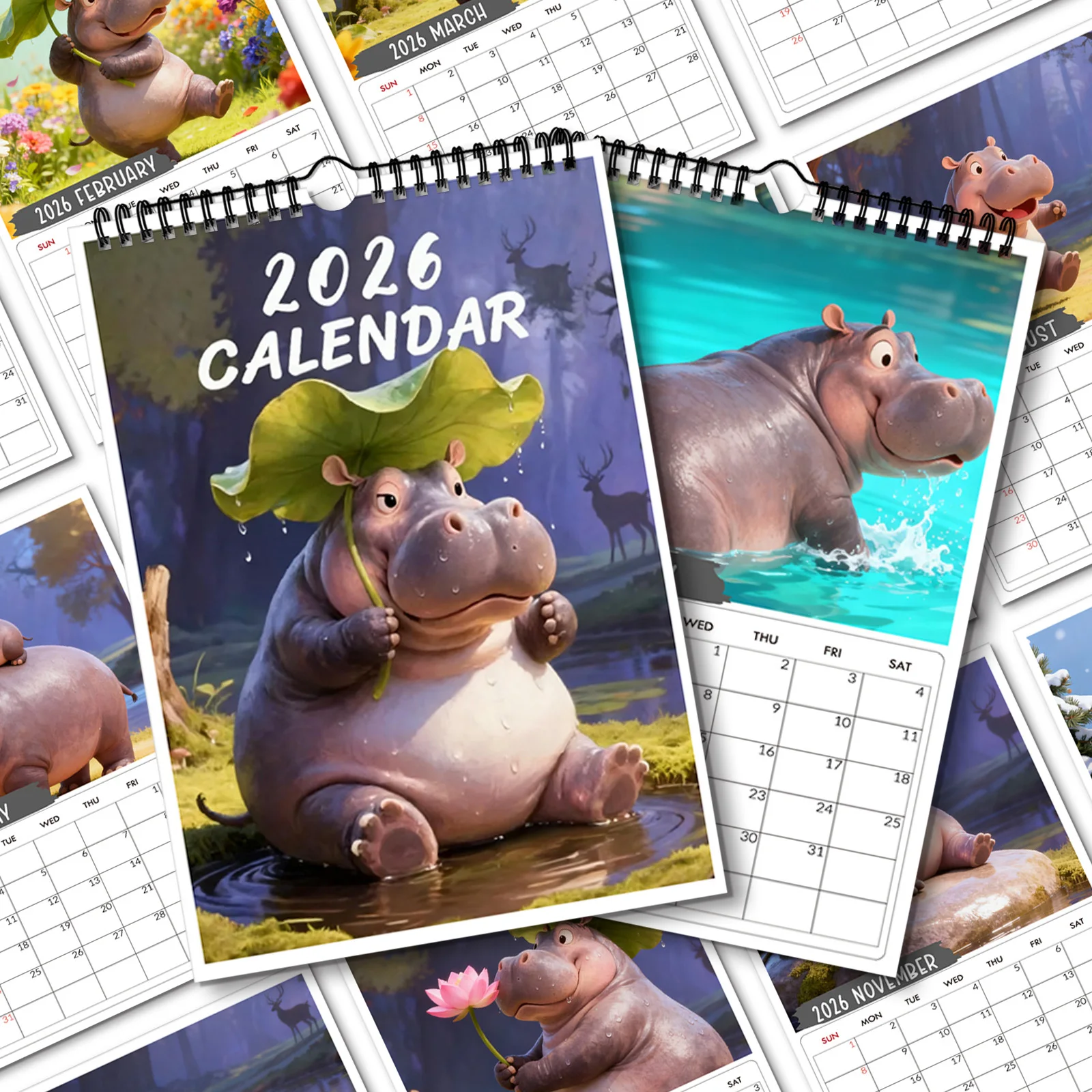 

1PC 2026 Spiral Calendar, Charming Hippo Theme,Perfect for Home Bedroom Shelf,Thoughtful Gift for Wildlife Fans,Nature Admir