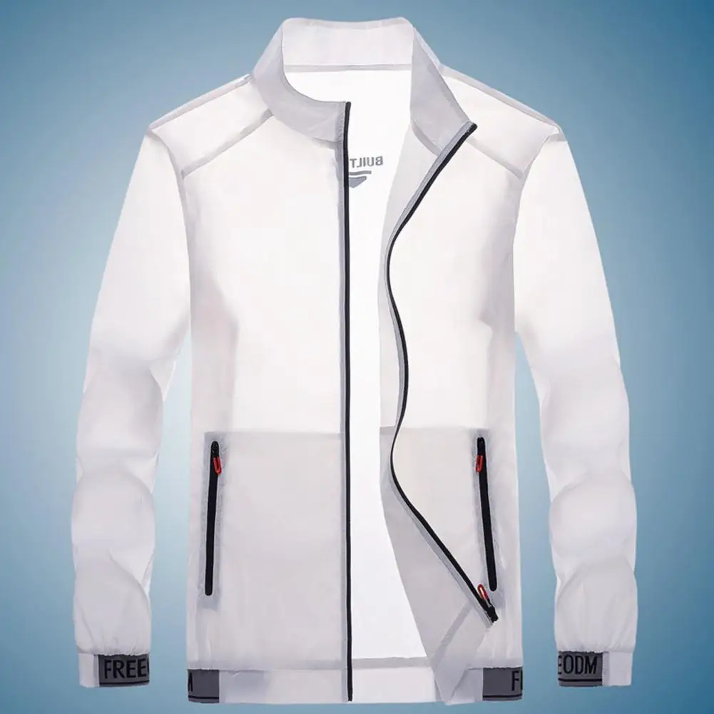 Stand Collar Men Sunscreen Jacket Smooth Surface Zip Up Popular Stretchy Hem Zipper Pockets Sunscreen Outdoor Coat