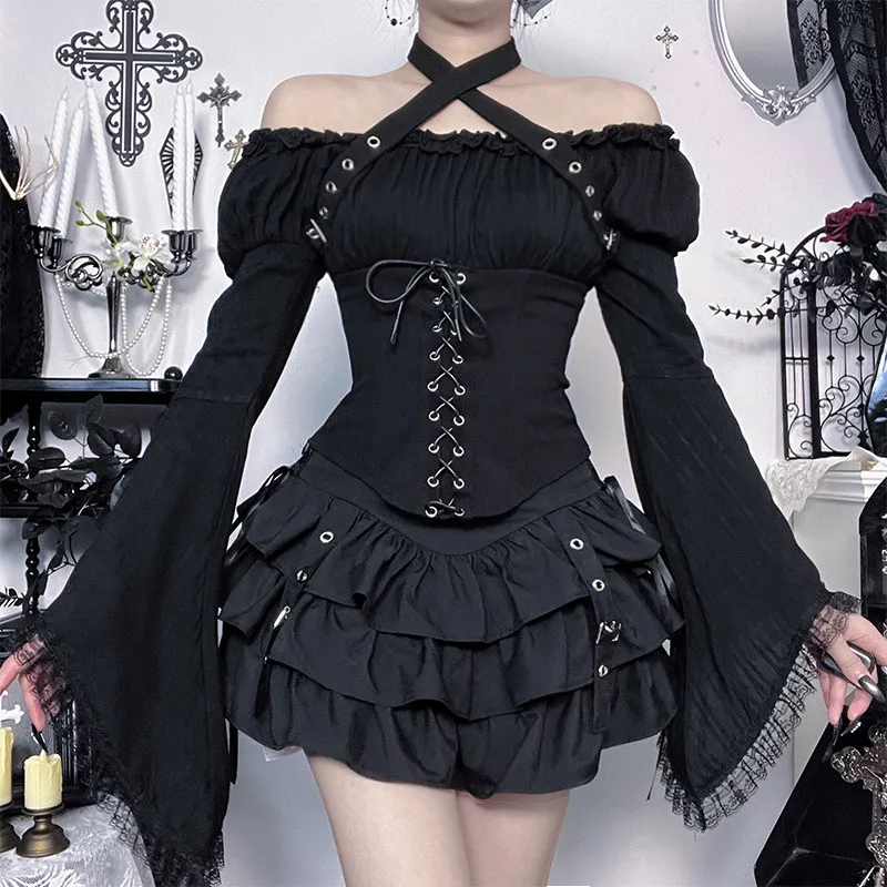 

Japan Style Gothic Y2k Lolita Set Women Sweet Off Shoulder Bandage Bell Sleeve Halter Tops Mini Cake Skirt Harajuku Vintage Suit