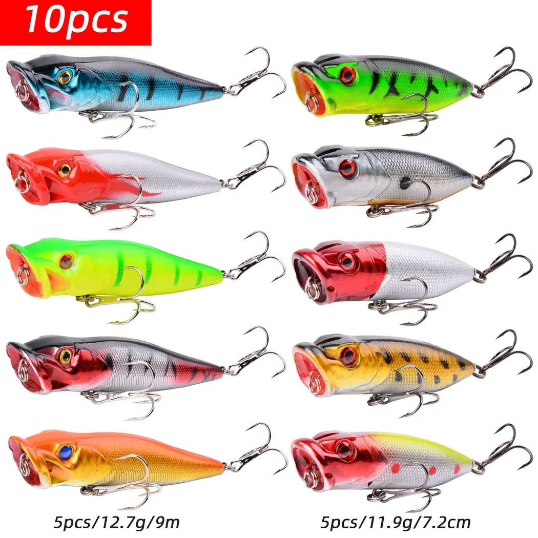 10pcs Fishing Lures Topwater Popper Bait 12.7/11.9g Hard Bait Artificial Wobblers Plastic Fishing Tackle with 6# Hooks