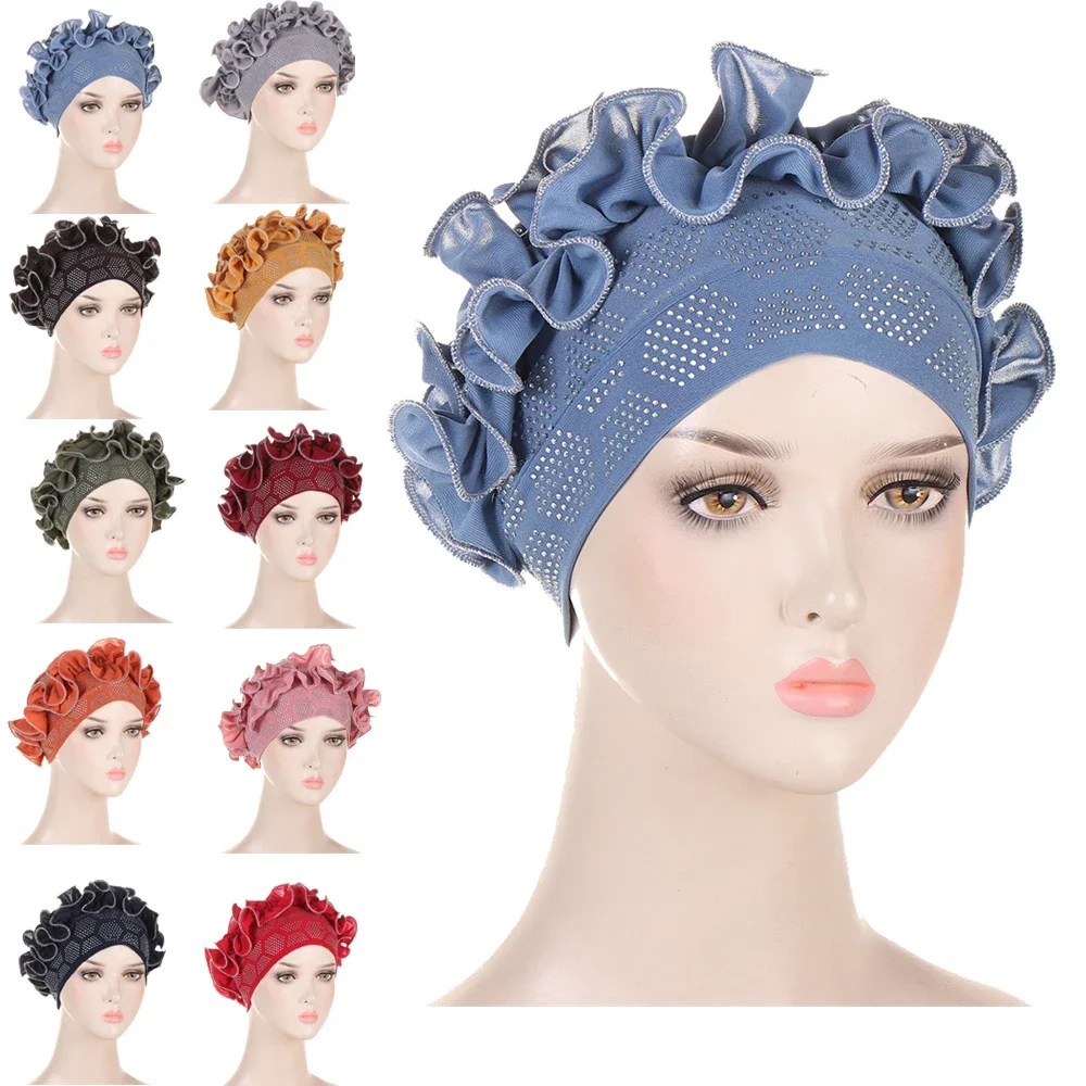 

Мусульманские женщины Цветочный тюрбан с бриллиантами Капот Шляпа Химотерапия Платок Шапочки от выпадения волос Хиджаб Шляпа Африканский авто Геле Головной убор Aso Oke