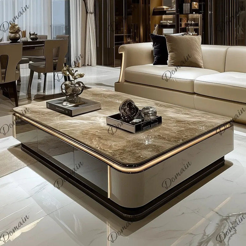Modern Luxury Solid Wood Coffee Table Living Room High-End Microcrystalline Stone Tea Table for Large Villa Apartment