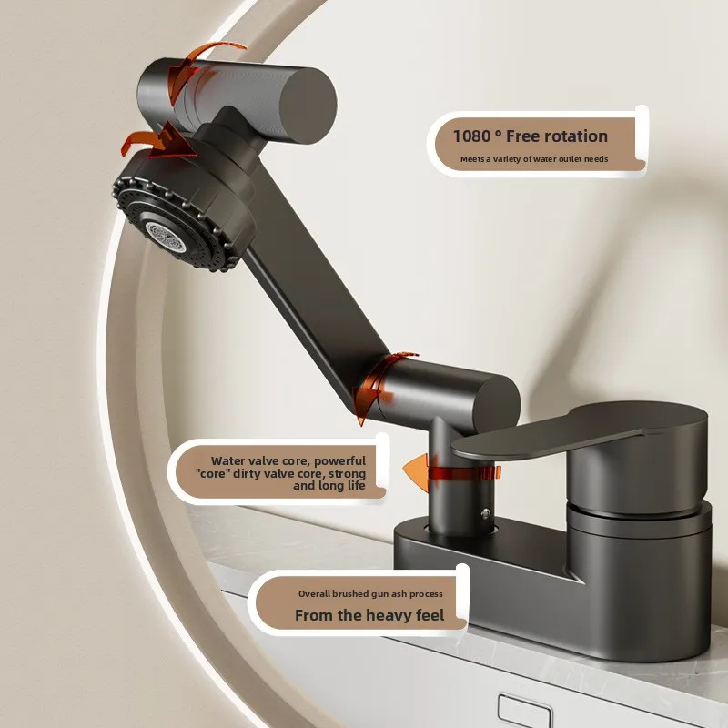

Wash Basin Faucets Bathroom Faucet Double Hole Hot and Cold Tap 2 Modes Nozzle Tap Rotation Household Mixing Valve